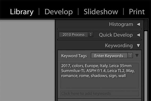 Write keyword, keyword, with comma and space between each keyword. Hit return key on the keyboard when you are done and the keywords are written to the file.